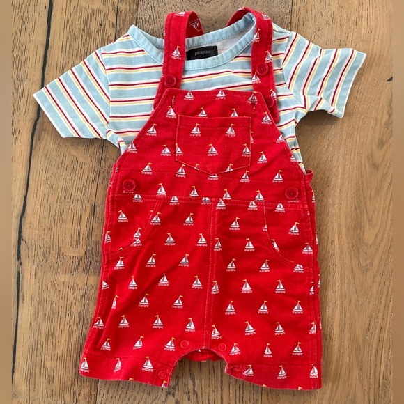Picapino Sailboat Nautica Striped Red Blue 3-6 months Coverall Overall Romper - Picture 1 of 7